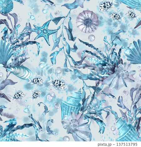 A seamless pattern with silver, purple, and blue seashells, starfish, and seaweed on a gray background with watercolor spots. Hand-drawn watercolor illustration. Sea creature clip art for design. 137513795