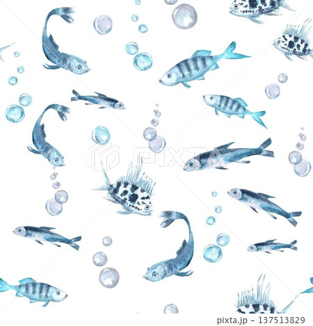 A seamless pattern with gray blue fish and pearlescent and light blue bubbles. Hand-drawn in watercolor on an isolated background. Simple marine life biology clip art for designing various objects. 137513829