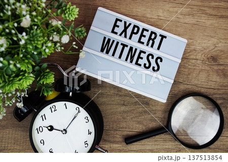 Expert Witness text in lightbox with magnifying glass and alarm clock flat lay on wooden background 137513854