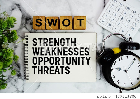 SWOT Strength Weaknesses Opportunity Threats text with calculator and alarm clock on marble background SWOT Strength Weaknesses Opportunity Threats text with calculator and alarm clock on marble background 137513886