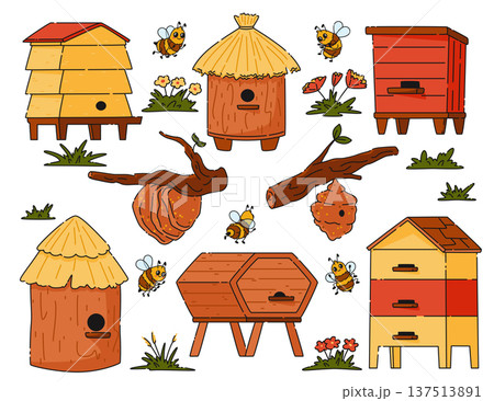 Honey products and apiary set. Beekeeping collection with wooden house and beehive on tree for bees Honey products and apiary set. Beekeeping collection with wooden house and beehive on tree for bees 137513891