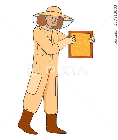 Woman beekeeper in protective suit holding wooden beehive frame with honeycombs Woman beekeeper in protective suit holding wooden beehive frame with honeycombs 137513903