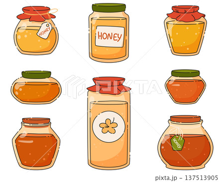 Set of jars with different honey of natural sweets. Beekeeping. Vector cartoon illustration 137513905