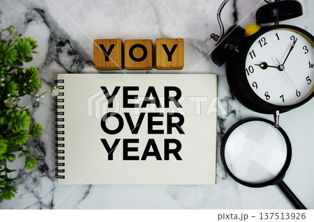 YOY Year Over Year text with alarm clock and magnifying glass on marble background YOY Year Over Year text with alarm clock and magnifying glass on marble background 137513926