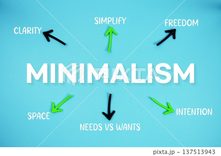 word "MINIMALISM" on cards with colorful arrows pointing toward it on blue background word "MINIMALISM" on cards with colorful arrows pointing toward it on blue background 137513943