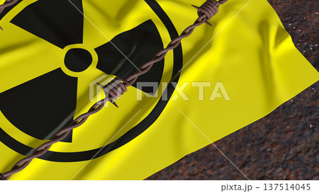 Radioactive Hazard Sign Behind Rusty Barbed Wire Fence 3d render. 137514045