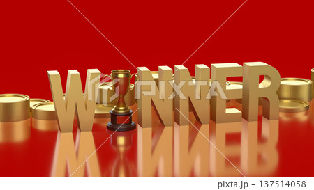 Golden Winner Text With Trophy And Coins Success Concept 3d render. 137514058
