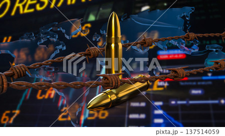 Global Conflict And Economic Crisis Concept With Bullets And World Map 3d render. Global Conflict And Economic Crisis Concept With Bullets And World Map 3d render. 137514059