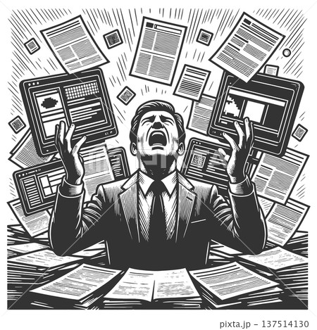 Overwhelmed Businessman Buried Digital Paperwork 137514130