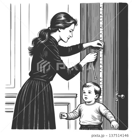 Mother Measuring Child Height at Home vector 137514146