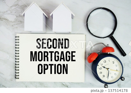 Second Mortgage Option text written on notepad with house model, magnifying glass and alarm clock on marble background 137514178