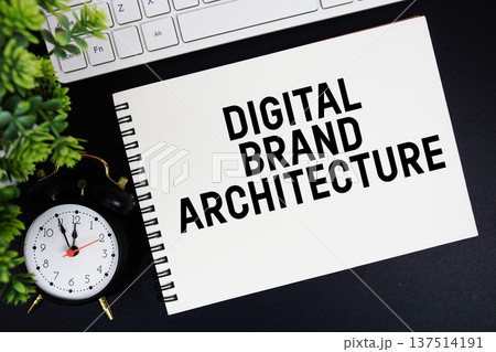 Digital Brand Architecture text written on notepad with keyboard and alarm clock on black background 137514191