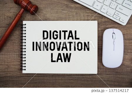 Digital Innovation Law text written with gavel, keyboard and optical mouse on wooden background 137514217