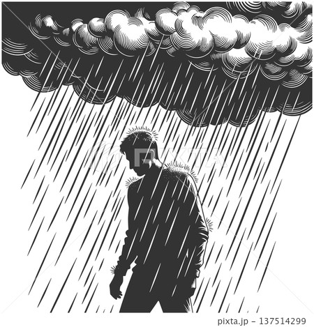 Lonely Man Standing Under Heavy Rain Storm 137514299