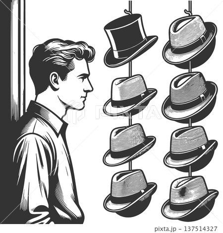 Man Choosing Hat From Vintage Hat Display vector Man Choosing Hat From Vintage Hat Display vector 137514327