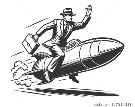Businessman Riding Rocket Toward Rapid Success 137514331