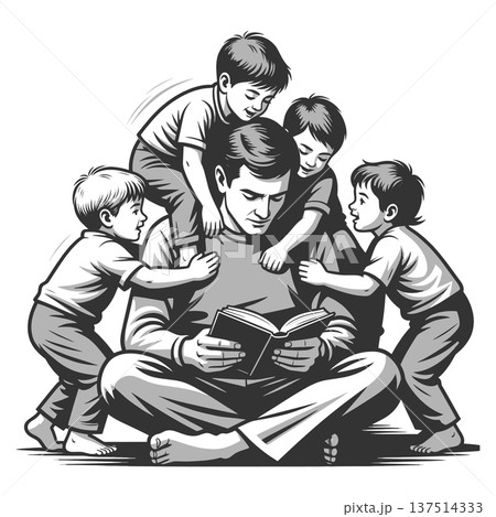 Father Reading Book Surrounded By Curious Children 137514333