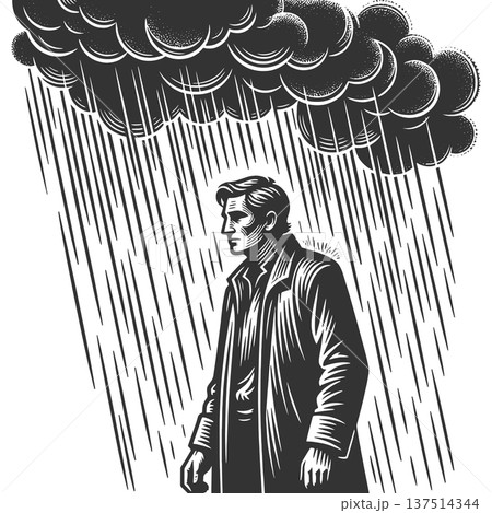 Man Standing Under Heavy Storm Rain vector Man Standing Under Heavy Storm Rain vector 137514344