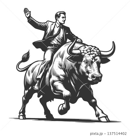 Businessman Riding Bull engraving sketch vector 137514402