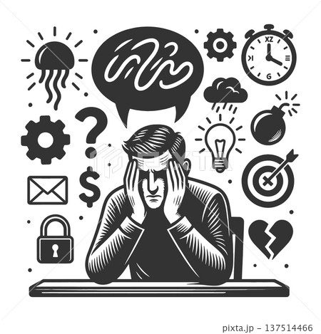 Overwhelmed Man Surrounded by Problems and Ideas 137514466