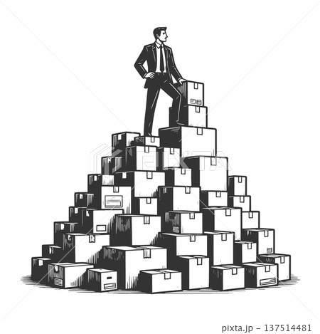 Businessman Standing on Mountain of Shipping Boxes Businessman Standing on Mountain of Shipping Boxes 137514481