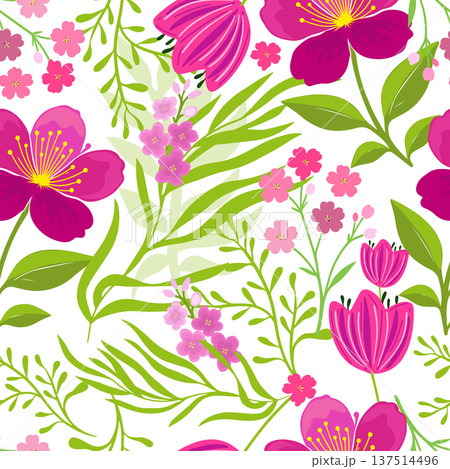 Seamless pattern with spring pink flowers. Hand drawn. Not AI, vector illustration. 137514496