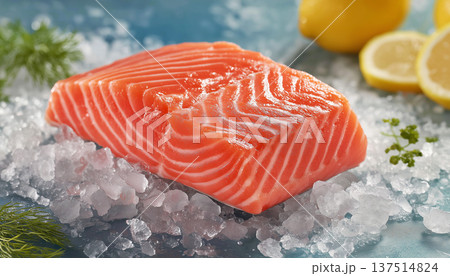 Salmon fillet rests on crushed ice. Lemon slices and dill garnish brighten the display. 137514824