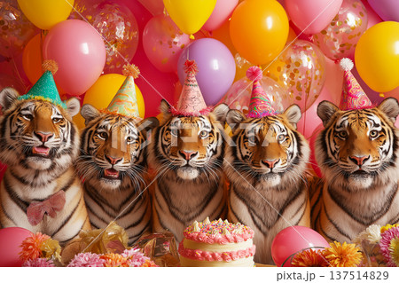 Five tigers wearing party hats pose at a birthday party with balloons and cake. Colorful balloons and a birthday cake emphasize a cheerful party mood. Five tigers wearing party hats pose at a birthday party with balloons and cake. Colorful balloons and a birthday cake emphasize a cheerful party mood. 137514829