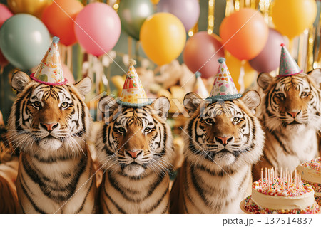 Four tigers wearing colorful party hats pose at a birthday party in a party room. Balloons and cake emphasize the celebration. 137514837