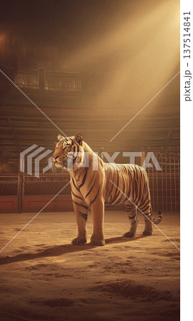 Tiger in a circus arena stands under a bright spotlight. Amber light bathes the tiger in the ring. 137514841