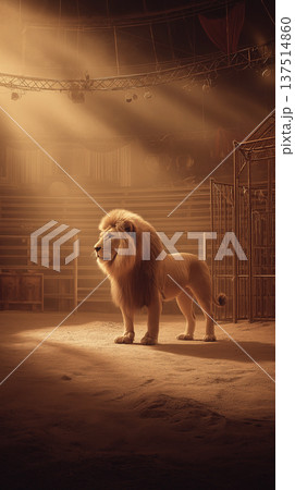 lion stands in a circus arena under warm stage lights. spotlights illuminate the lion in the ring. lion stands in a circus arena under warm stage lights. spotlights illuminate the lion in the ring. 137514860
