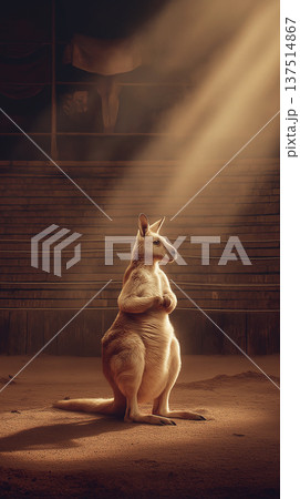 Kangaroo stands upright on a theatre stage. Spotlight beams down creating a dramatic moment. 137514867