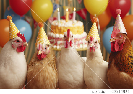 Five chickens wear yellow party hats at a birthday party in front of a cake and balloons. A birthday cake with lit candles and colorful balloons creates a festive mood. Five chickens wear yellow party hats at a birthday party in front of a cake and balloons. A birthday cake with lit candles and colorful balloons creates a festive mood. 137514926