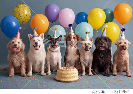 Seven dogs wearing party hats sit in a row beside a birthday cake in a studio. Colorful balloons and confetti create a festive birthday mood. Seven dogs wearing party hats sit in a row beside a birthday cake in a studio. Colorful balloons and confetti create a festive birthday mood. 137514964