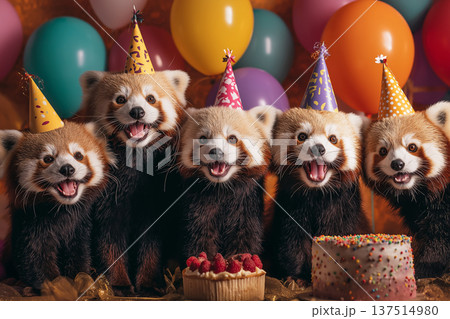 Red pandas wearing party hats pose at a birthday party in a living room. Colorful balloons and cake add to the festive mood. 137514980