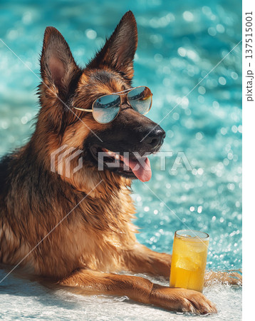 German Shepherd wearing sunglasses lounges poolside. A glass of orange juice rests at the pool edge. German Shepherd wearing sunglasses lounges poolside. A glass of orange juice rests at the pool edge. 137515001