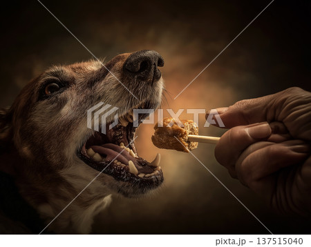 A dog opens its mouth as a hand offers a treat on a stick in a studio. Warm lighting creates a dramatic mood. 137515040