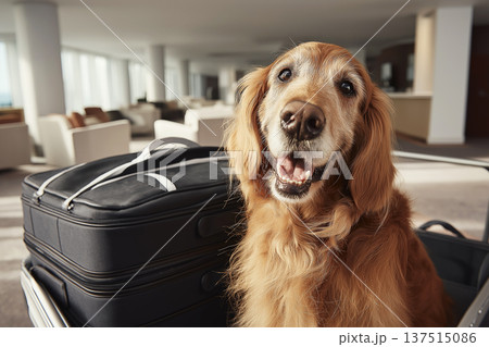 Golden retriever beside a black suitcase in a hotel lobby. The dog smiles in a warm lobby. 137515086