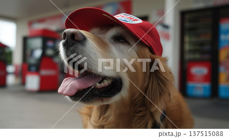 Golden retriever wearing a red cap at a gas station. Bright daylight illuminates the scene. Golden retriever wearing a red cap at a gas station. Bright daylight illuminates the scene. 137515088