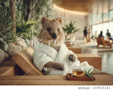 Bear cub sits in a spa lobby wearing a white robe. A glass of tea sits on a wooden tray nearby. 137515131