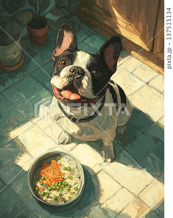 French bulldog sits on a tiled kitchen floor. A bowl of rice with peas and carrots sits nearby. 137515134