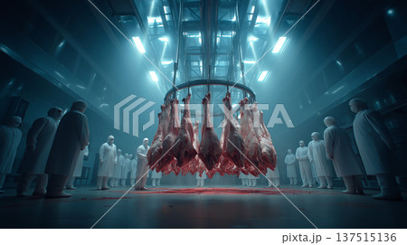 Meat carcasses hang from a circular rail in a meat processing plant. Blue lighting bathes the sterile hall as meat hangs in the center. Meat carcasses hang from a circular rail in a meat processing plant. Blue lighting bathes the sterile hall as meat hangs in the center. 137515136