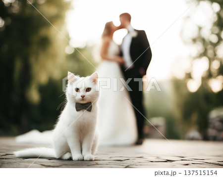 White cat wearing a bow tie sits in a garden. A wedding couple stands in the background in warm evening light. 137515154
