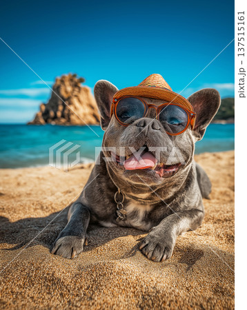 French bulldog wearing sunglasses on a sunny beach. Bright blue sky and turquoise water provide a playful backdrop. 137515161