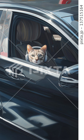 Cat wearing headphones in a car. Bright daylight streams through the window. 137515164