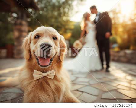 Golden retriever wearing a beige bow tie sits in a sunlit garden patio. A bride in a white wedding gown and a groom in a tuxedo stand in the background at golden hour. 137515174