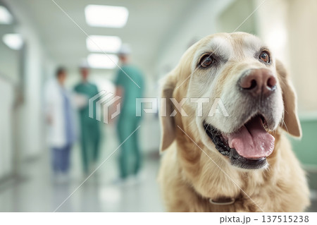 Golden retriever in hospital hallway greets medical staff. Medical team in scrubs stands in the background. Golden retriever in hospital hallway greets medical staff. Medical team in scrubs stands in the background. 137515238