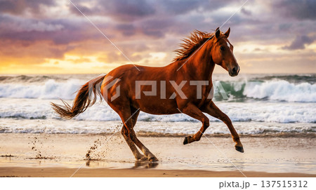 Chestnut horse gallops along a sandy beach at sunset. Rolling waves crash behind it and warm light creates a dramatic golden mood. Chestnut horse gallops along a sandy beach at sunset. Rolling waves crash behind it and warm light creates a dramatic golden mood. 137515312