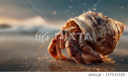 Hermit crab on sandy beach carries spiral shell. Macro shot highlights textured claws and droplets. 137515320