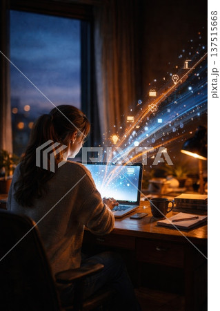Woman Using Laptop With Creative Digital Data. AI Generated 137515668